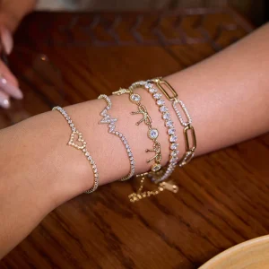 Fashion Bracelet Bangles 18k Gold Plated Stainless Steel Crystal Bracelet Bow Charm Heart Bracelet Set Women Jewelry