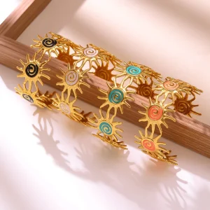 Fashion Bracelet for Women Gold Plated Stainless Steel with Colorful Drip Flower Pattern Trendy Jewelry