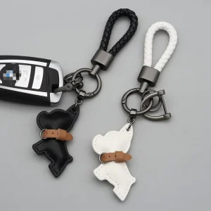 Fashion Braided Rope PU Leather Dog Keychain Cartoon Animal Charm French Bulldog Keyring Puppy Jewelry Girl Bag Car Pendant Gift