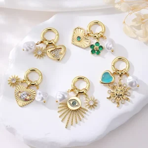 Fashion Brass 14K Gold Plated Zircon Pearl Sun Eye Heart Shaped Combination Pendants for DIY Jewelry Necklaces Making Charms