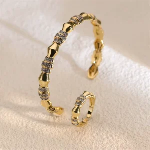 Fashion Brass Jewelry Sets 18k Gold Plated Pave Zircon Bamboo Pattern Bracelet Bangle and Rings Set