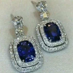 Fashion Brass Jewelry Women Earring Silver Color Luxury Sparkling Blue Zirconia Stone Wedding CZ Earrings Bride