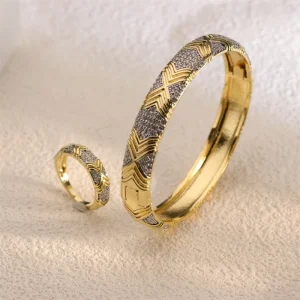 Fashion Brass Set Zirconia Chunky Bangle Cuff Bracelet 18k Gold Plated Ring Bangle Jewelry Set