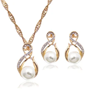 Fashion Bridal Photography Accessories Simple 18k Gold Plated Women Pearl Earrings Necklace Fine Jewelry Jewelry Sets