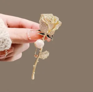 Fashion Brooch Jewelry Pearl Rose Flower Brooch Full Diamond Rhinestone Brooches Pins for Women Wedding Party Lapel Pin