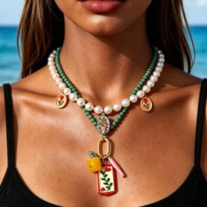 Fashion Bulk OEM ODM Double Strand Beaded Choker Necklace Women Turquoise Seed Bead Pearl Enamel Floral Fruit Charm Necklaces