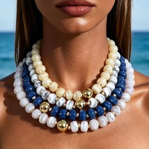 Fashion Bulk OEM ODM Dyed Resin Round Flat Beaded Necklace Boho Tropical Layered Bib Layer Stacked Beads Collar Necklaces