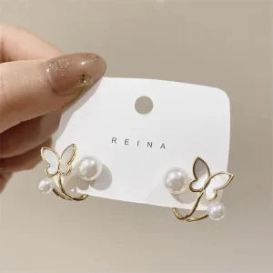 Fashion Butterfly Earrings Alloy Pearl Earrings Simple Jewelry Accessories Gifts 2 Kinds Wearing