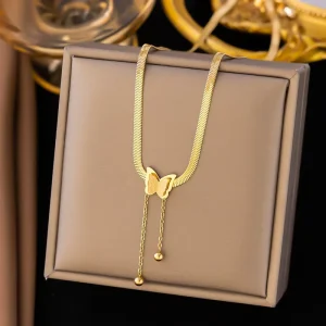 Fashion Butterfly Pendant Necklaces Stainless Steel Jewelry Frosted Butterfly Tassel Snake Bone Chain Necklace Women
