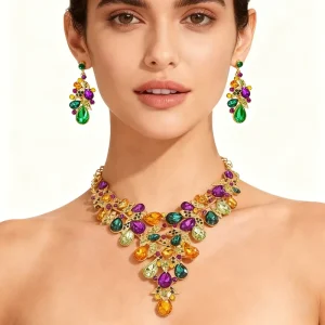 Fashion Carnival Jewelry Set Rhinestone Luxurious Large Necklace Earrings Accessories Colorful Shiny Women’s Vacation Party