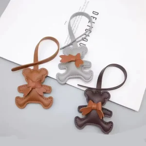 Fashion Cartoon Bear Bow Leather Keychain Bag Pendant Cute Bear PU Leather Keychain Purse Charm Decor Keyring