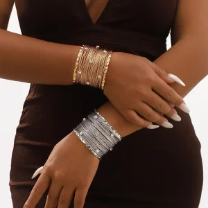 Fashion Chain Bracelets and Links Sweet Cool Punk Style Wide Edition Metal Brushed Strip Open Bracelet for Women
