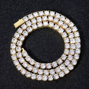 Fashion Chain Necklace Hiphop Brass Men’s 3mm 4mm 5mm White Gold Spring Clasp Prong Set CZ Diamond Tennis Chain