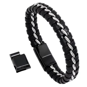 Fashion Chain Woven Cowhide Bracelet with Stainless Steel Three-section Magnetic Clasp and Simple Leather Band