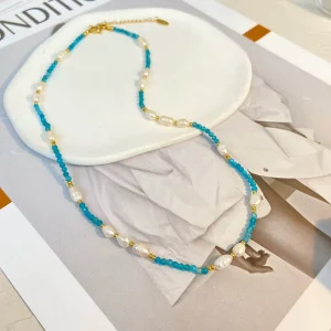 Fashion Charm Jewelry Stainless Steel Gold Plated Necklace Blue Stone Fresh Water Pearl Choker Necklace for Women