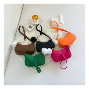 Fashion Chevron Stitch Crescent Underarm Bag with Zip Closure Pom Pom Charm Chain Strap Small Shoulder Crossbody Handbag