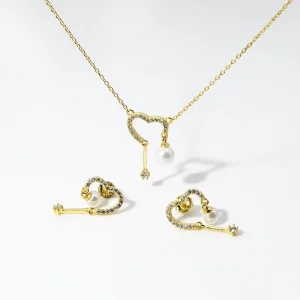 Fashion China Costume Jewelry Women 925 Sterling Silver 18K Plated Zirconia Pearl Necklace Earrings for Gift Party