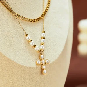Fashion Chunky Cuban Chain Layered Stainless Steel Jewelry 18K Gold Plated Cross Choker Pendant Necklace with Pearl