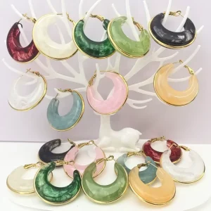 Fashion Chunky Resin Earrings Jewelry 18K Gold Plated Waterproof Stainless Steel Colorful Hollow Hoop Earrings