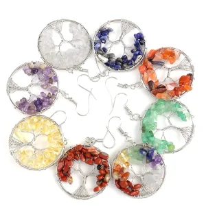 Fashion Circle Natural Stone Earring Amethyst Crystal Healing Life Tree and Stainless Steel Rainbow Jewelry Earrings Amethyst