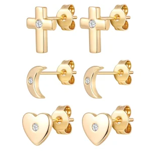 Fashion Classic Brass Wedding Earring Set Bulk 3 Pair Card Mixed Set Hypoallergenic 18K Gold Plated Stud Earrings