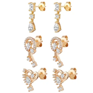 Fashion Classic Heart Stud Zircon Earrings 18K Gold Plated Brass Wedding 3 Pairs Card Mixed Set Trendy Women