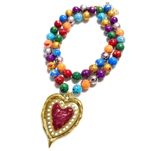 Fashion Colorful Beaded Necklace with Gold Red Heart Pendant Handmade Statement Jewelry for Women Boho Chic Gift