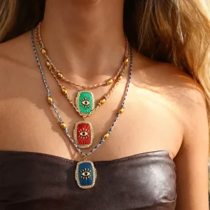 Fashion Colorful Enamel Religious Eye Pendant Necklace Gold Plated Zircon Choker Statement Jewelry for Women
