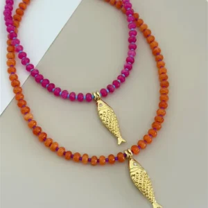 Fashion Colorful Gemstone Beaded Necklace 18K Gold Fish Charm Pendant Choker Ocean Style Necklace for Women Casual Beach Jewelry