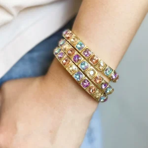Fashion Colorful Hear Shape Zircon Elastic Fashion Bracelet Bangle High Quality Brass No Tarnish Free Jewelry Bracelet Set Women
