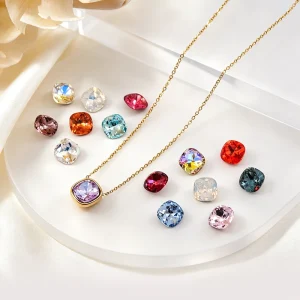 Fashion Colorful Square 10MM Crystal Necklaces Stainless Steel 14K Gold Plated for Women’s Gift