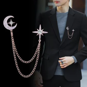 Fashion Concise Brooch for Diamond Chain Tassel Star with Pearl & Crystal for Wedding Gift Accessory