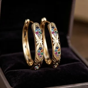 Fashion Copper Earrings with Colorful Zirconia Stones Luxurious Hollow Diamond shaped Ear Loops High end Personalized Elegan