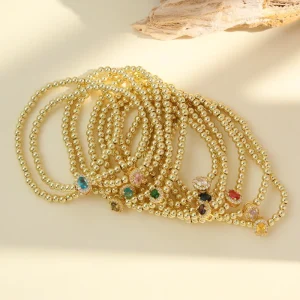 Fashion Copper Gold Tone Beaded Bracelet Oval Cut 12 Month Birthstone Crystal Halo Pendant Layering Stackable Daily Jewelry Gift