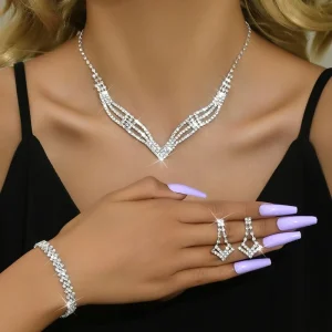 Fashion Copper Rhinestone Necklace Bracelet Earrings Set Bride Engagement Anniversary Wedding Party Jewelry