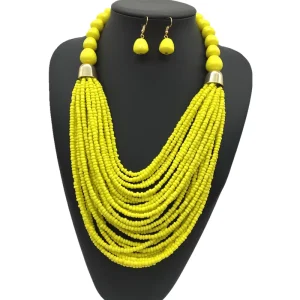 Fashion Costume Multi Layer Acrylic Seed Beads Necklace and Earing Statement African Traditional Choker Jewelry Sets Women