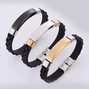 Fashion Couple Stainless Steel Bracelet Personalized Simple Trendy Silicone Smooth Textured Engraved Wristband