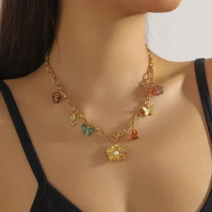 Fashion Creative Colorful Transparent Flower Gold Plated Pendant Chain Necklace