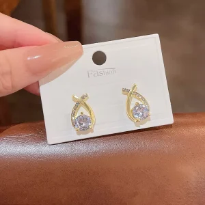 Fashion Cross Stud Earrings for Women Girls Korean Elegant Shine Crystal Jewelry Ear Rings Fishtail Lady Earrings