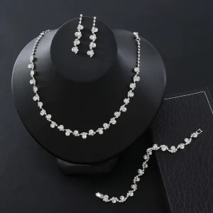Fashion Crystal Bridal Jewelry Sets Silver Color Geometric Choker Necklace Earrings Bracelet Wedding Jewelry Sets