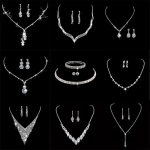 Fashion Crystal Bride Jewelry Set Rhinestone Silver plated Wedding Dress Banquet Necklace Earring Set Ladies Gift