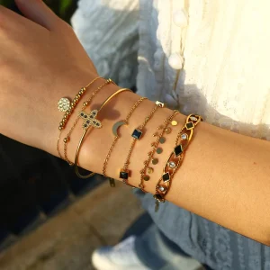 Fashion Crystal Cross Moon Charm Simple Design Hand Jewelry Stainless Steel Bangle Cuff Bracelet