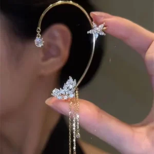 Fashion Crystal Flower Tassel Ear Cuff No Piercing Rhinestone Ear Wrap Sparkly Dangle Ear Clip for Women Elegant Party Jewelry