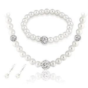 Fashion Crystal Glass Pearls Necklace Bracelet Earring Pendant Jewelry 3 Set Full Diamond Ball Necklace