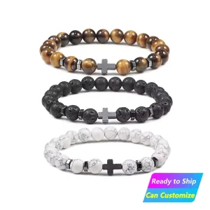 Fashion Crystal Healing Natural Men’s Tiger Eye Lava Stone Gemstone Turquoise Beaded Cross Stretch Bracelet Jewelry Christian