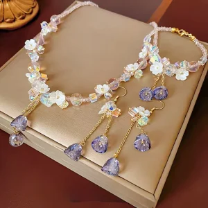 Fashion Crystal Jewelry Set Dopamine Flower Crystal Fringe Bracelet Necklace Earrings Sweet Fine Jewelry Set for Women
