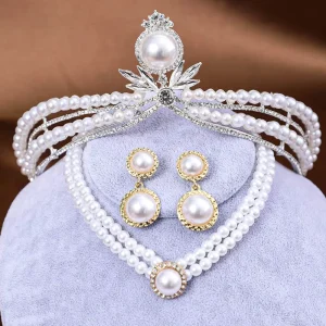 Fashion Crystal Pearl Costume Jewelry Sets Rhinestone Statement Necklace Earrings Crown Tiaras Set Women Wedding Jewelry Sets