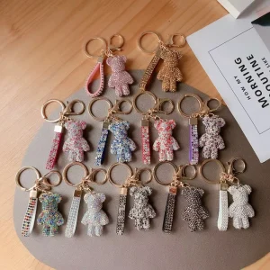Fashion Crystal Rhinestone Bear Keychain Leather Key Chain Metal Key Chain