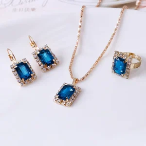 Fashion Crystal Set Necklace Earrings Ring Three piece Wedding Dress Jewelry