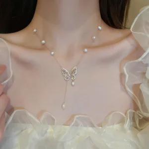 Fashion Crystal Statement Clavicle Pearl Chain Pearl Butterfly Pendant Necklace Trend Collar Fine Jewelry
